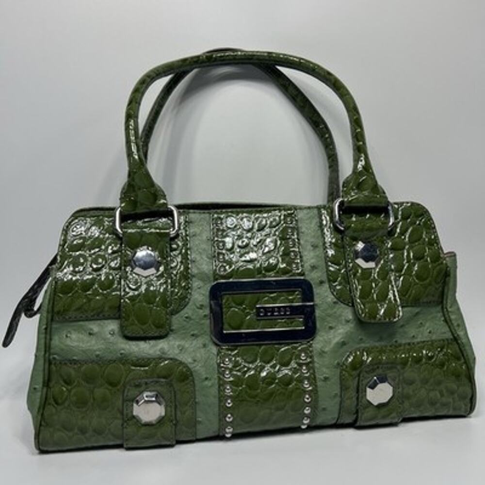 Rare Guess Y2K Green Faux Ostrich Croc Large Logo Shoulder Bag Purse 14"